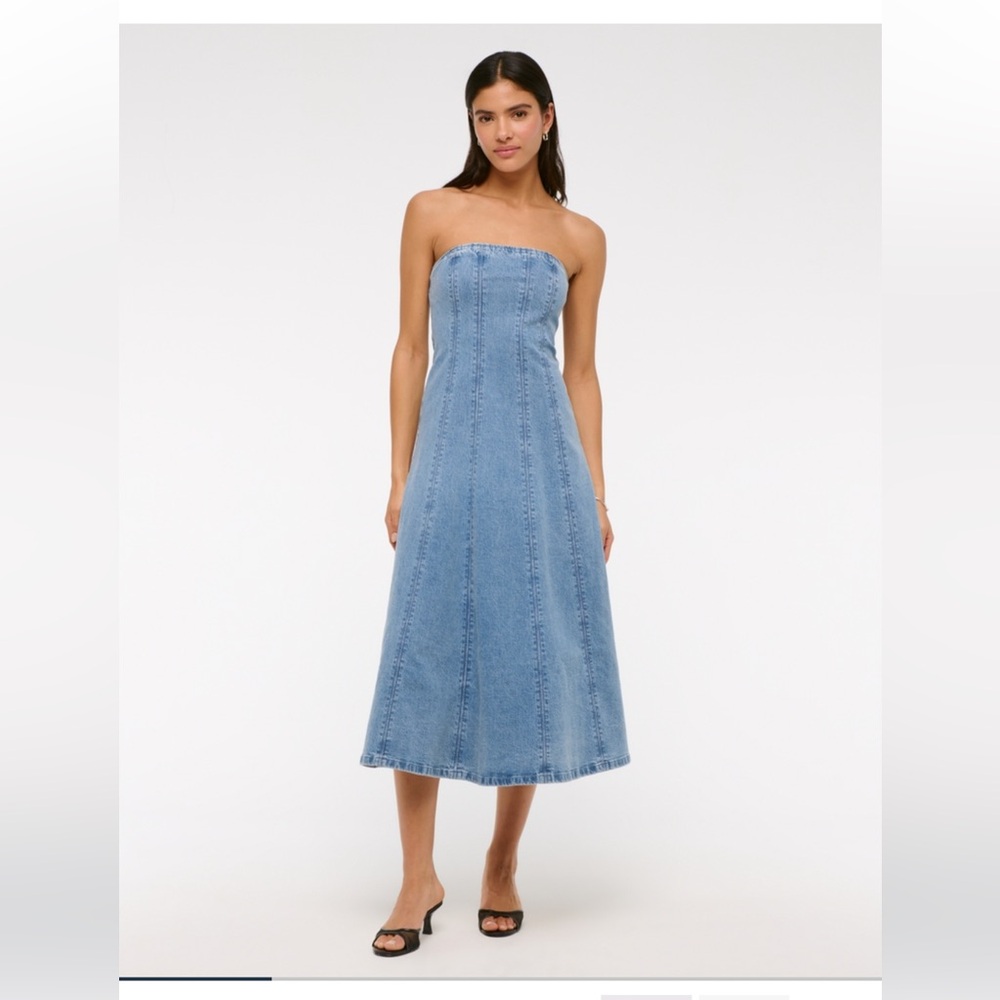Abercrombie & Fitch Light Blue Strapless Denim Midi Dress